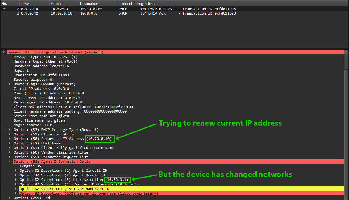 DHCP request sent in an attempt to renew current address, but the network reported in sub-option 5 has changed from the initial request.