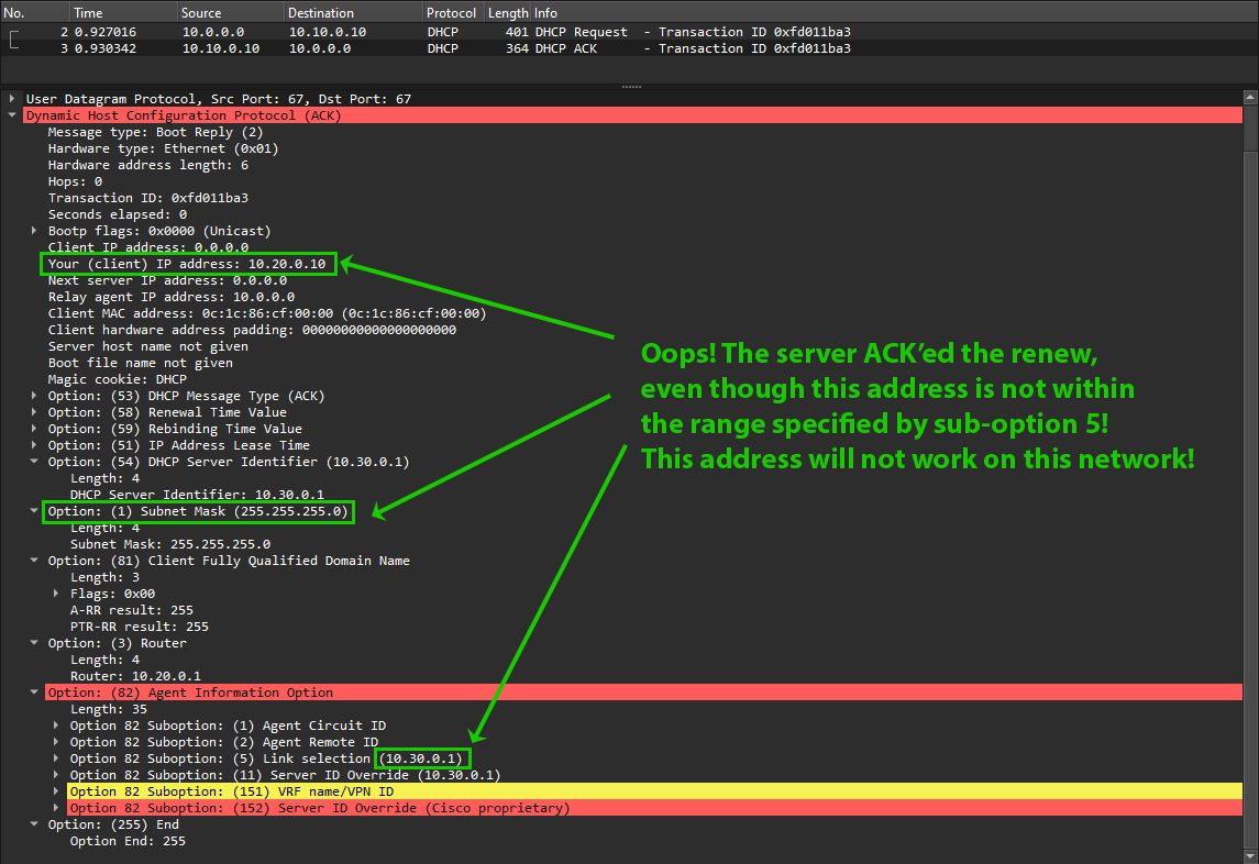 Windows DHCP Server ACKs the DHCPREQUEST message, even though the address is invalid on the current network segment.